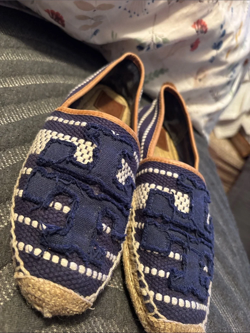 Tory Burch Blue Shaw Espadrilles Cotton/Vegan Leather Shoes size 9